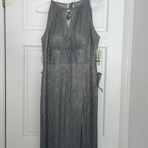 NWT R&M Richards size 14 silver prom formal halter keyhole left leg slit dress